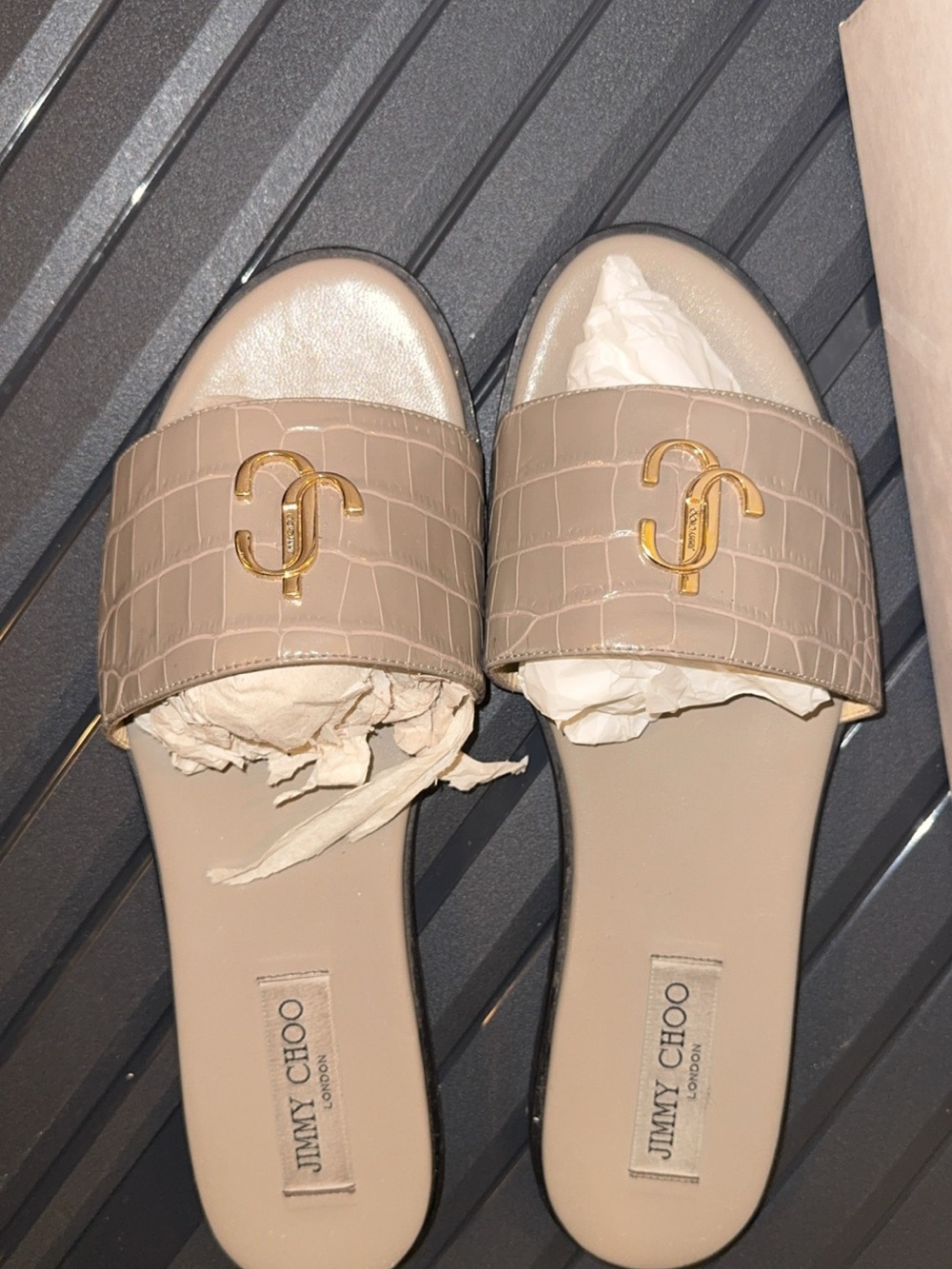 Jimmy Choo Taupe Croc-Effect Slide Sandals with Gold Logo Accent